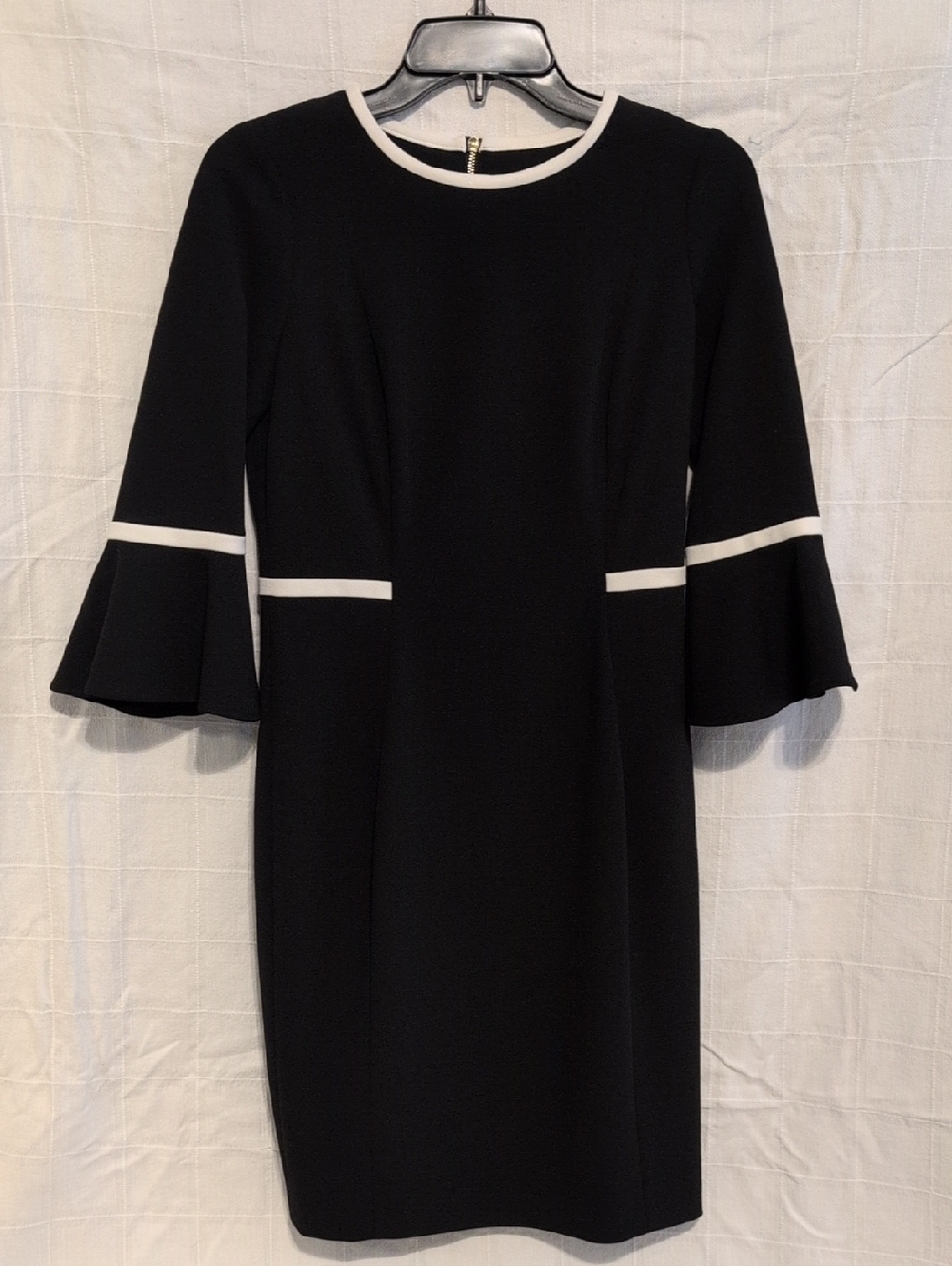 Calvin Klein Black Dress with White Trim - Bell Sleeve Shift